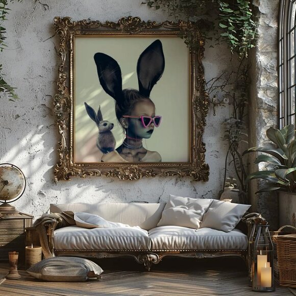 Original Goth Pink Bunny Art Print + Digital Copy, Girl With Bunny Ears - Picture 5 of 8